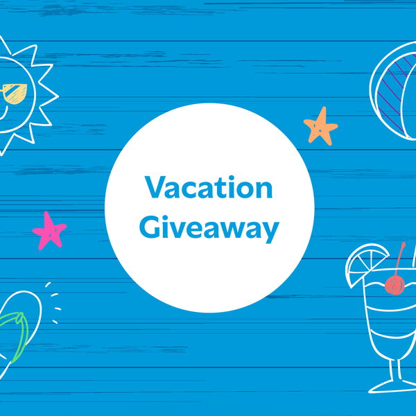 A blue background with a wood-grain pattern and a circle in the center that reads "Vacation Giveaway." Along the edge are decorative icons with a summer theme.