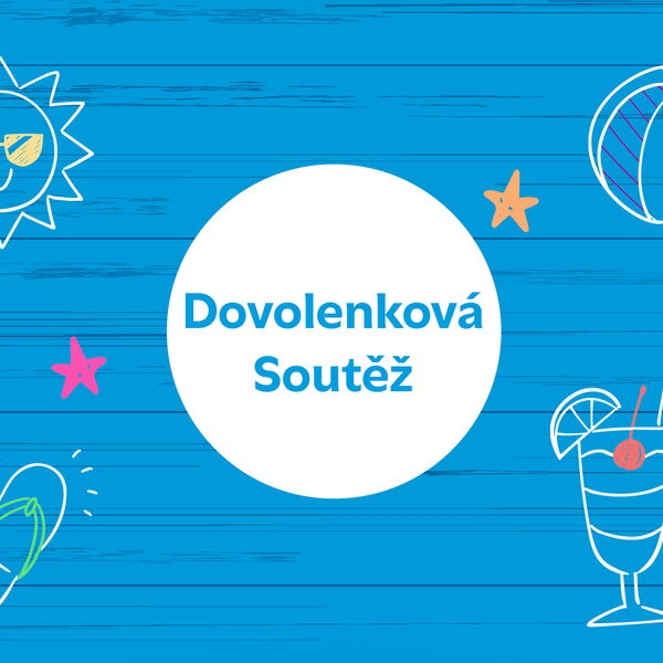 Modré pozadí v imitaci dřeva s kruhem uprostřed, na kterém je nápis „Letní soutěž“. Na okraji jsou dekorativní ikony s letními motivy.